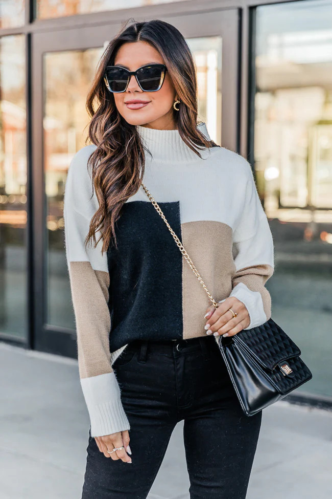 Sincere Advise Black/Tan Colorblock Turtleneck Sweater FINAL SALE | The Pink Lily Boutique