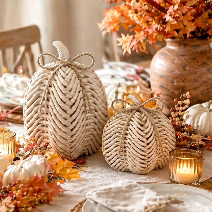 Fall Pumpkin Decor Set of 2, Resin Thanksgiving Fake Pumpkin Figurines Imitation Rattan White Dec... | Amazon (US)