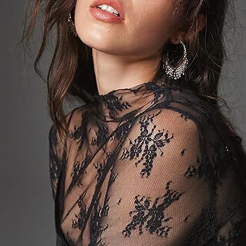 Shiyifa Women's Long Sleeve Mesh Top Sexy Mock Neck Sheer Blouse Floral See Through Layering Lace... | Amazon (US)