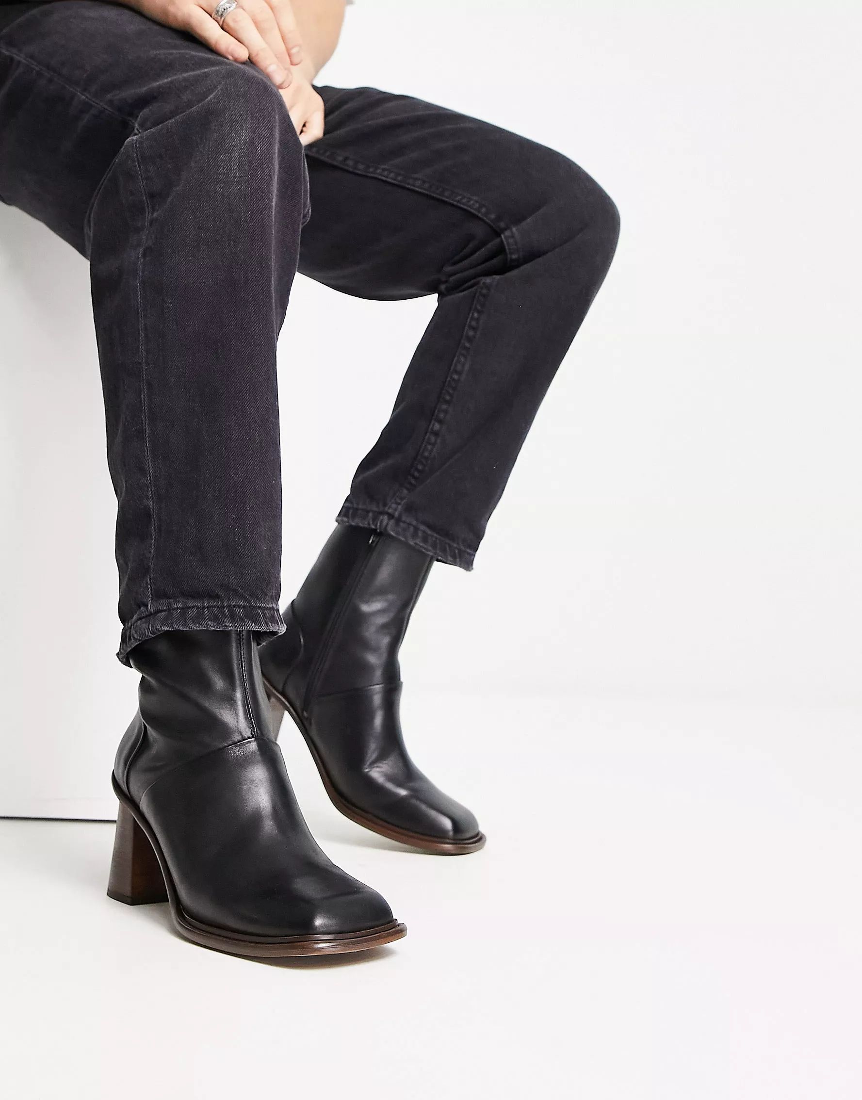 ASOS DESIGN heeled chelsea boot in black leather with brown sole | ASOS | ASOS (Global)