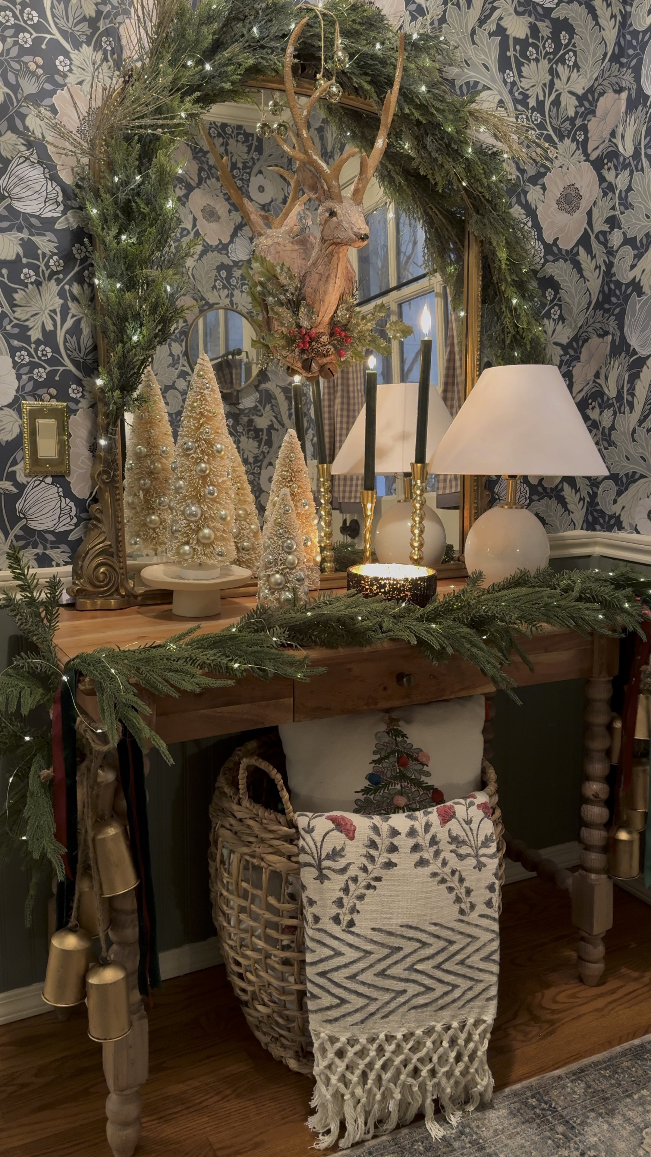 Bottle brush trees, decorated bottle brush trees, mixed greenery garland, real touch garland, Norfolk pine garland, orange gold mirror, floral wallpaper, handmade cotton blanket, red floral throw blankett

#LTKVideo #LTKHome #LTKHoliday