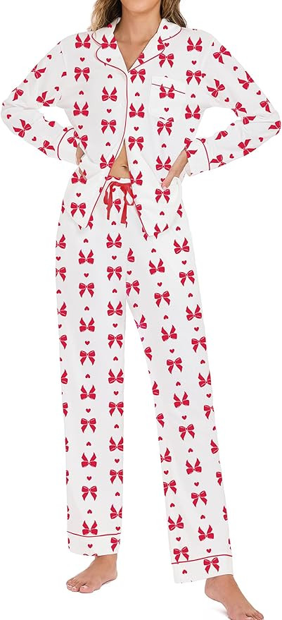 LUBOT Christmas Pajamas 100% Cotton Womens Pajamas Set 2 Piece Soft Button-Down Xmas PJs Set Slee... | Amazon (US)