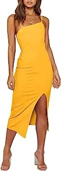 MEROKEETY Womens Sexy Spaghetti Strap Split Hem Party Dress Bodycon Zipper Back Midi Dress | Amazon (US)