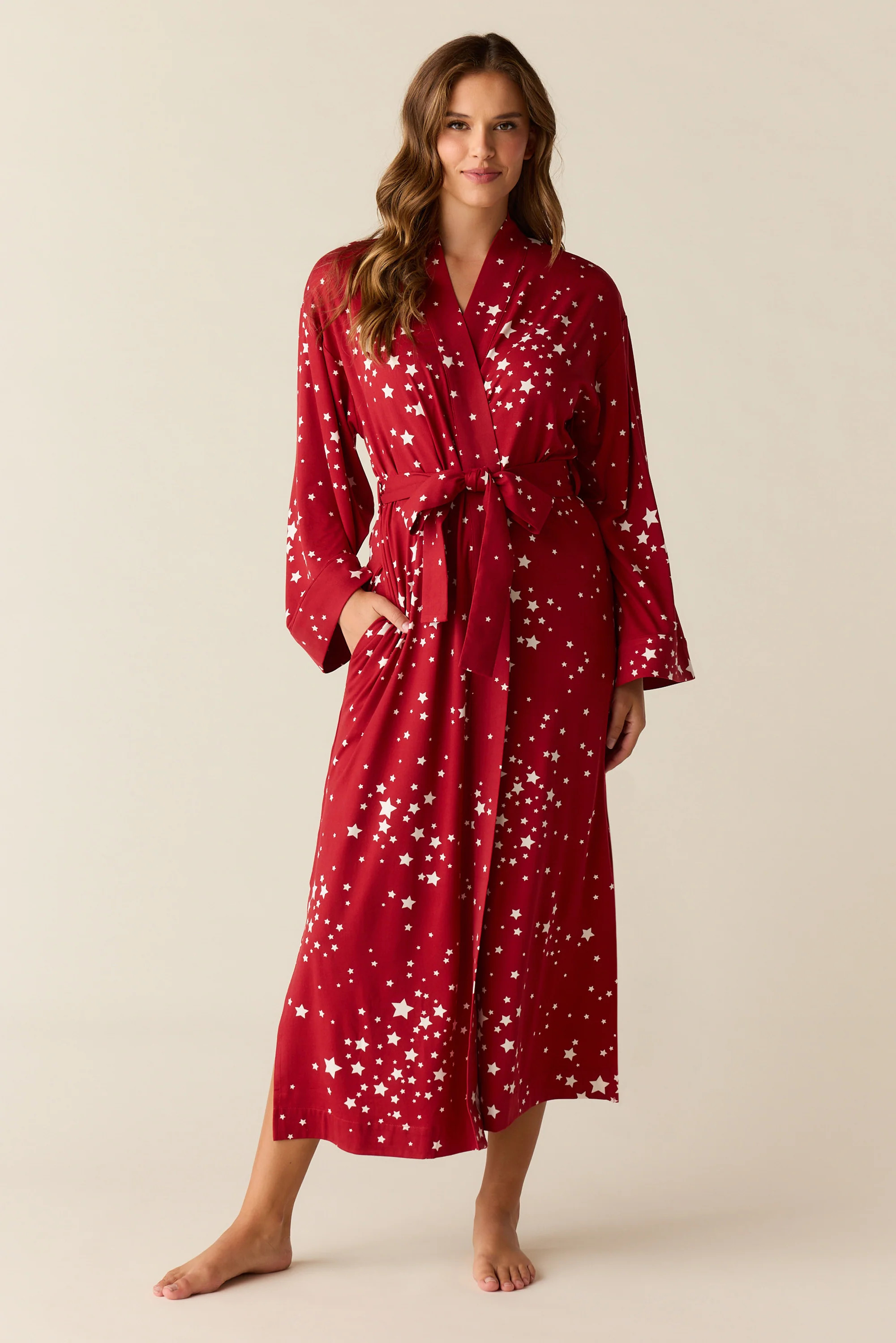 Kaia Cloud Jersey Kimono Robe in Red Stars | MASONgrey