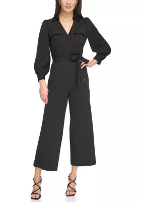 DKNY Women's Long Sleeve Collar Neck Solid Jumpsuit, Black, 10 | Belk