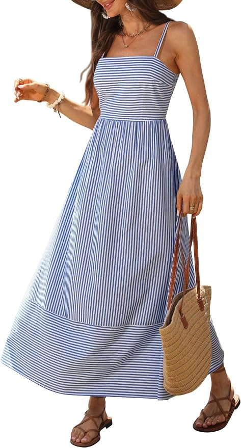 Caracilia Womens Maxi Dresses Striped, Adjustable Straps Smocked A-Line, Flowy Long Sundress, Cut... | Amazon (US)