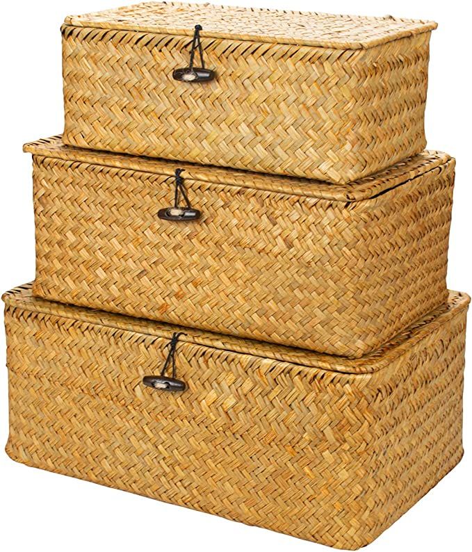 Yesland Shelf Baskets with Lid Set of 3, Handwoven Seagrass Storage Bins Box Rectangular Seagrass... | Amazon (US)
