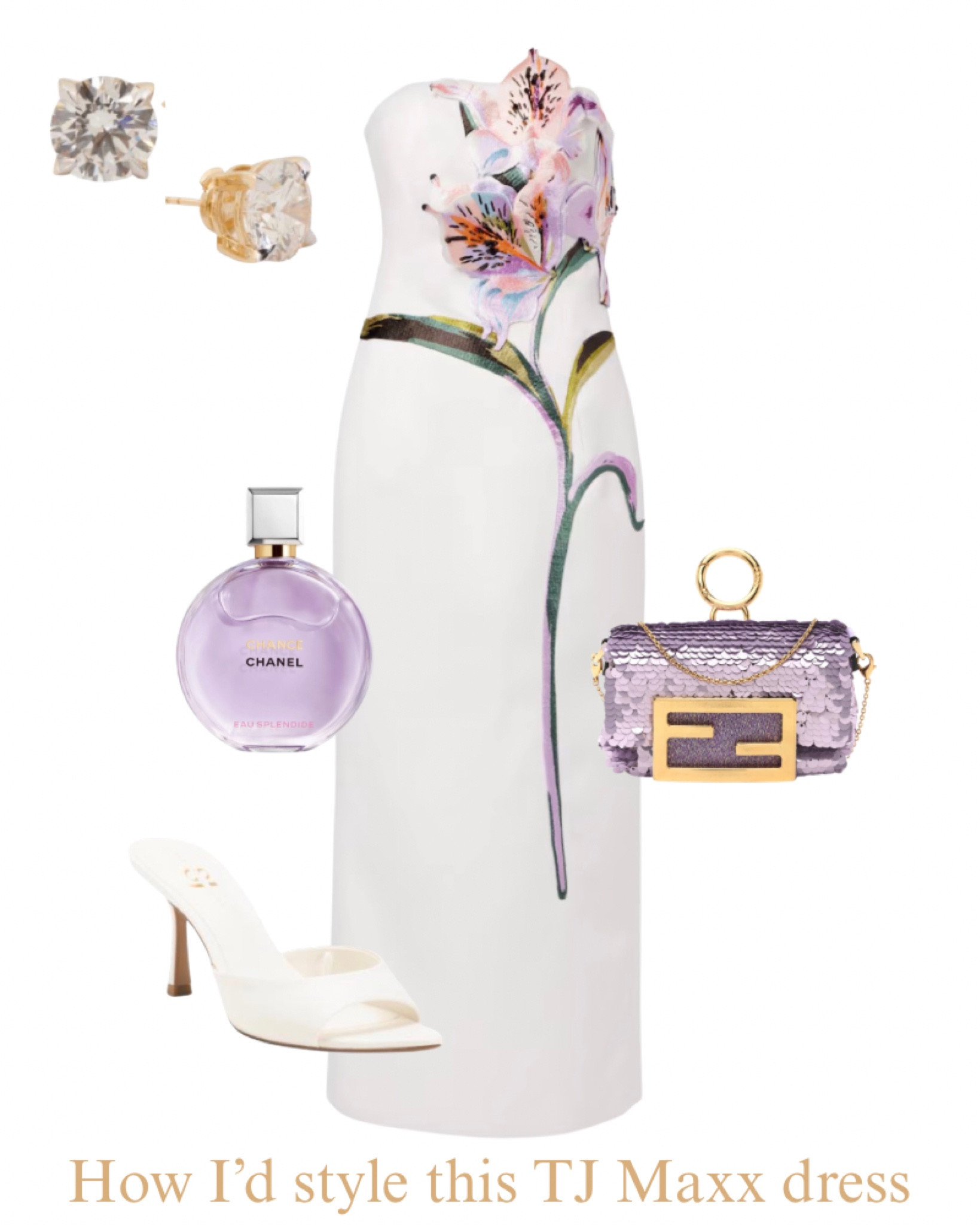 TJ Maxx strapless dress, purple fendi bag, white affordable heels, lab grown diamond earrings, Chanel perfume, party, special occasions.

#LTKSaleAlert #LTKBeauty