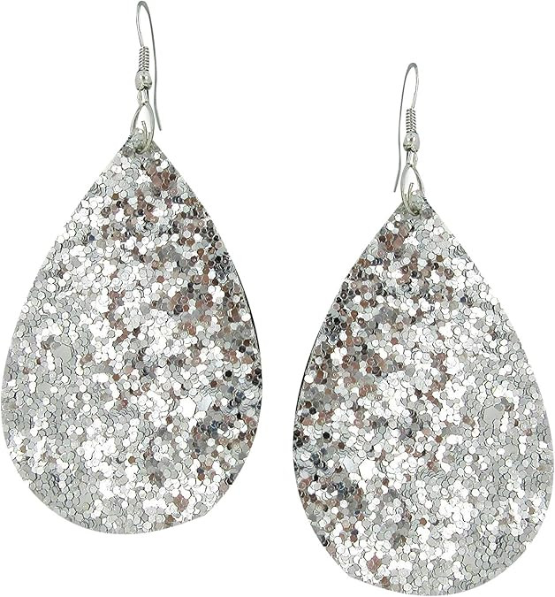 Silver-tone Glitter Faux Leather Large Teardrop Dangle Earrings | Amazon (US)