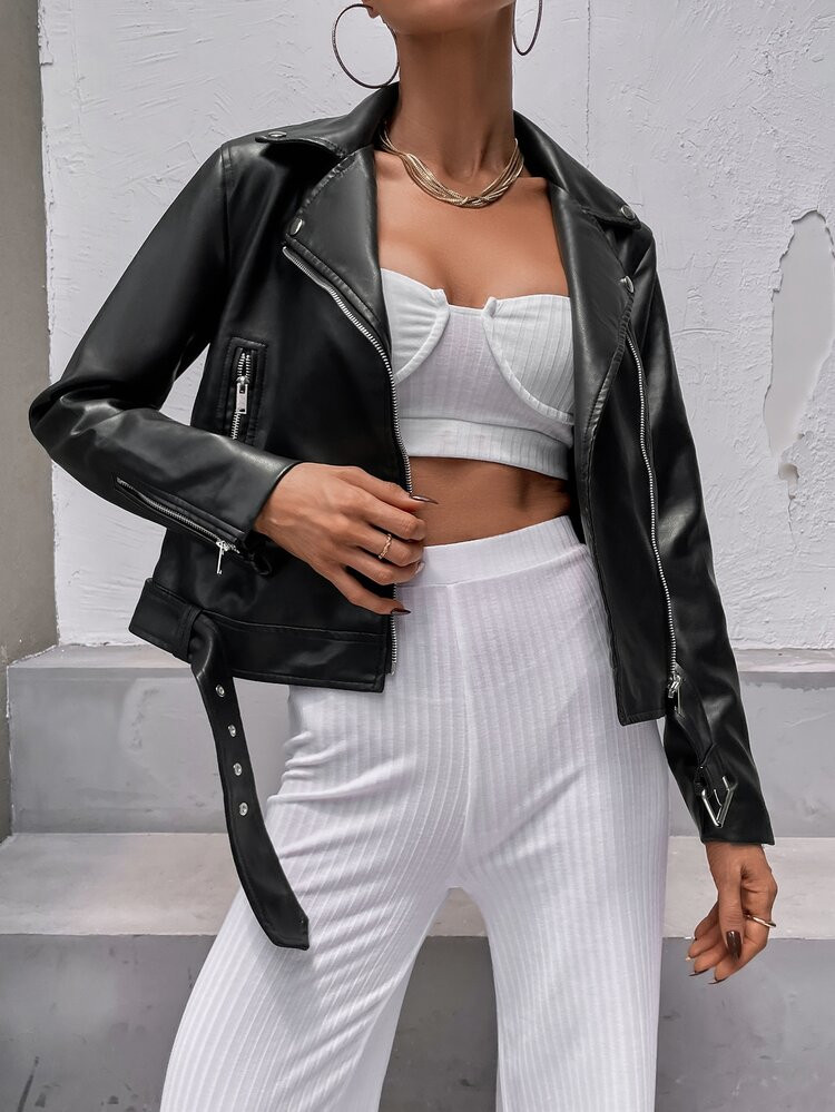 Zipper Front Grommet Buckle PU Moto Jacket | SHEIN