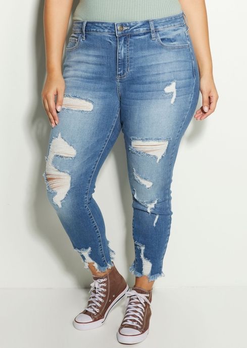 Plus Dark Wash Cello Mid Rise Extreme Ripped Raw Hem Jeans | rue21