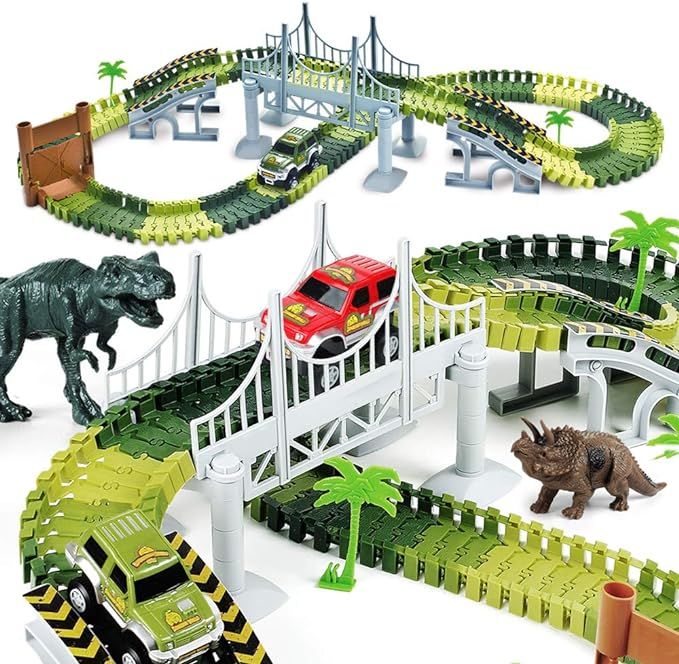 AUUGUU Kids Dinosaur Race Car Track with Flexible Track, Dino Toys, Bridge, Ramps and 2 Race Car ... | Amazon (US)