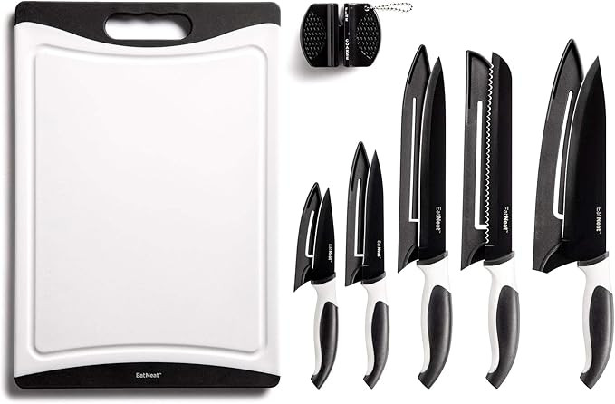 EatNeat 12-Piece Kitchen Knife Set - 5 Black Stainless Steel Knives with Sheaths, Cutting Board, ... | Amazon (US)