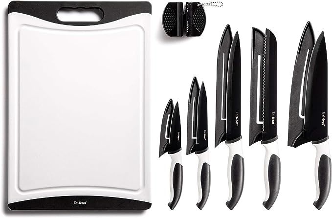 EatNeat 12-Piece Kitchen Knife Set - 5 Black Stainless Steel Knives with Sheaths, Cutting Board, ... | Amazon (US)