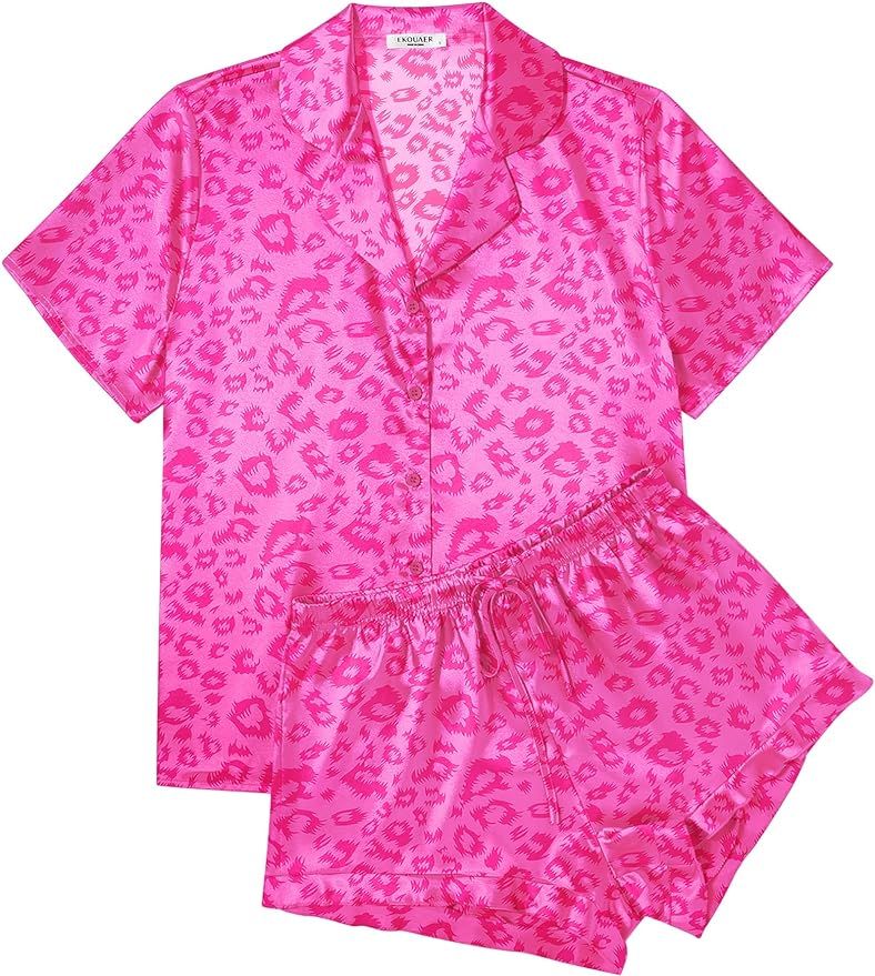 Ekouaer Womens Satin Pajamas Set Button Down 2 Piece Silk Pjs Shorts Set Ruffle Lingerie Notch Co... | Amazon (US)