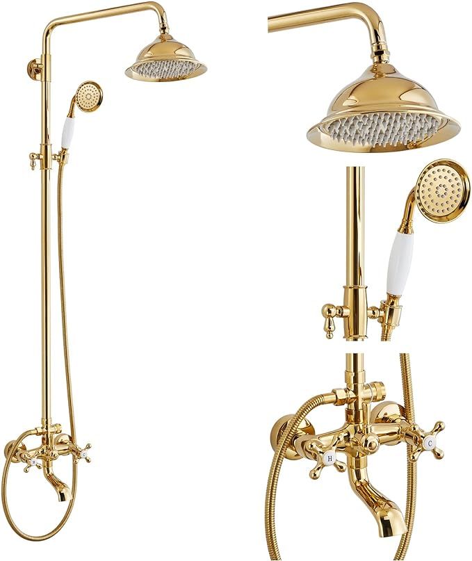 gotonovo Wall Mount Polish Gold 3 Functions Brass Exposed Shower System with 8 Inch Shower head D... | Amazon (US)