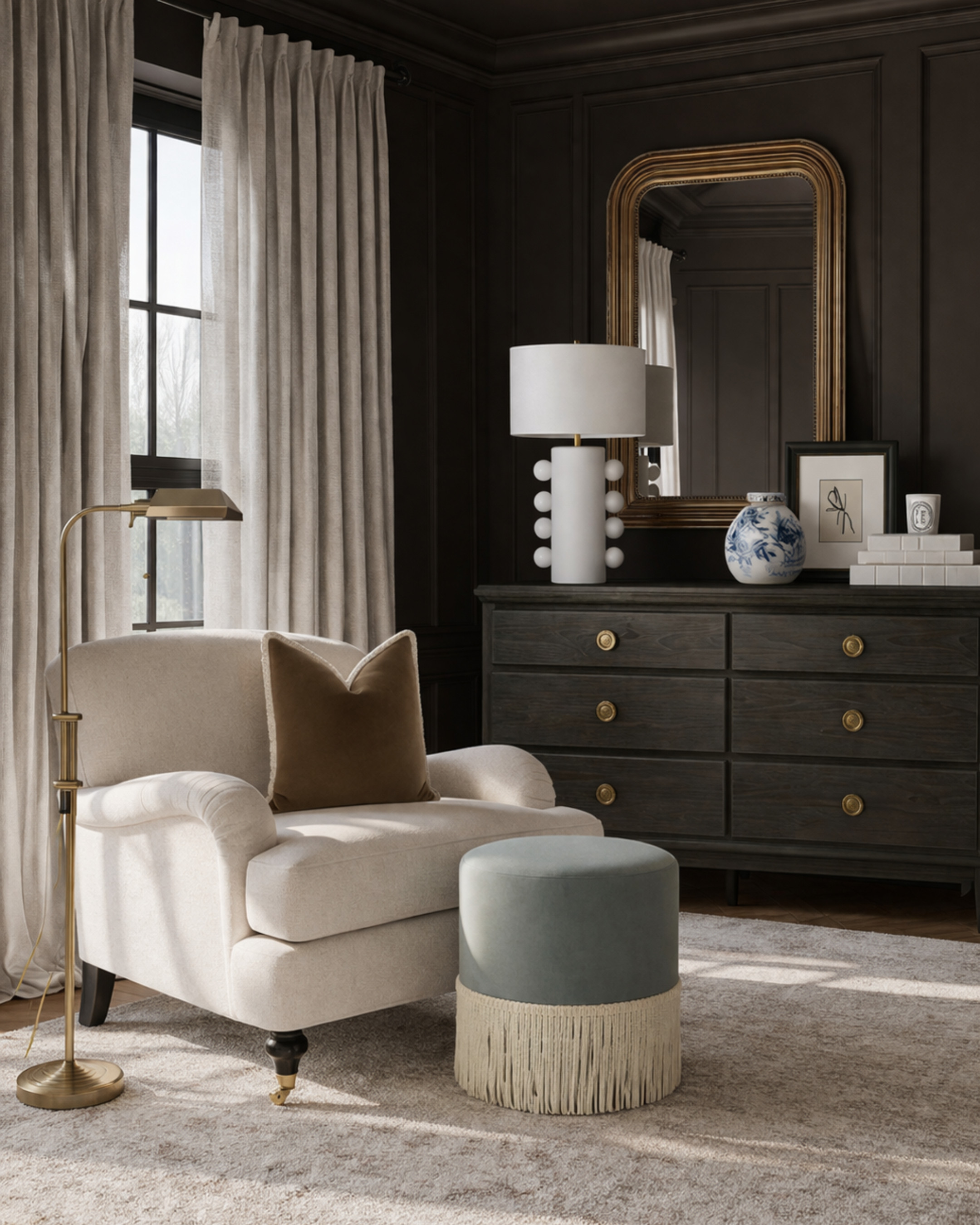 This is how you make a dark room feel rich instead of heavy 🤎

The color-drenched walls set the tone, but it’s the contrast that makes it work — warm wood, soft ivory upholstery, aged brass, and that subtle blue moment to keep it feeling layered and intentional.

Nothing here is random:
– structured dresser to ground the wall
– oversized mirror to reflect light + add height
– cozy chair moment that actually invites you to sit
– a soft, tonal rug that keeps everything elevated (not busy)

It’s moody, but still livable. Elevated, but still approachable.

Everything is sourced + linked with look-for-less options so you can recreate this exact vibe. 

 #LTKHome
