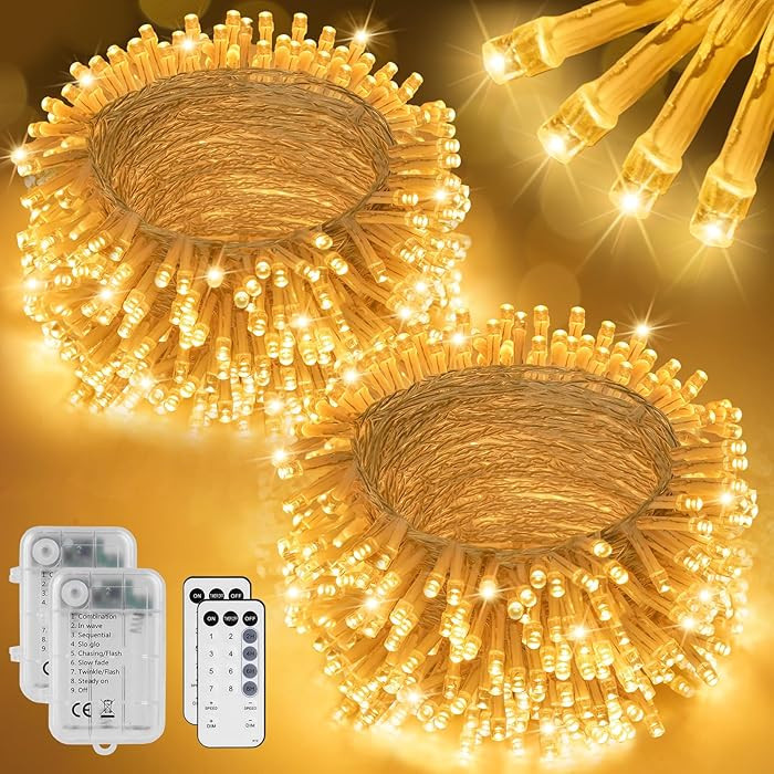 2 Pack 16.5Ft 100 LED Fairy Lights Battery Powered, Outdoor Waterproof Warm White String Lights w... | Amazon (US)