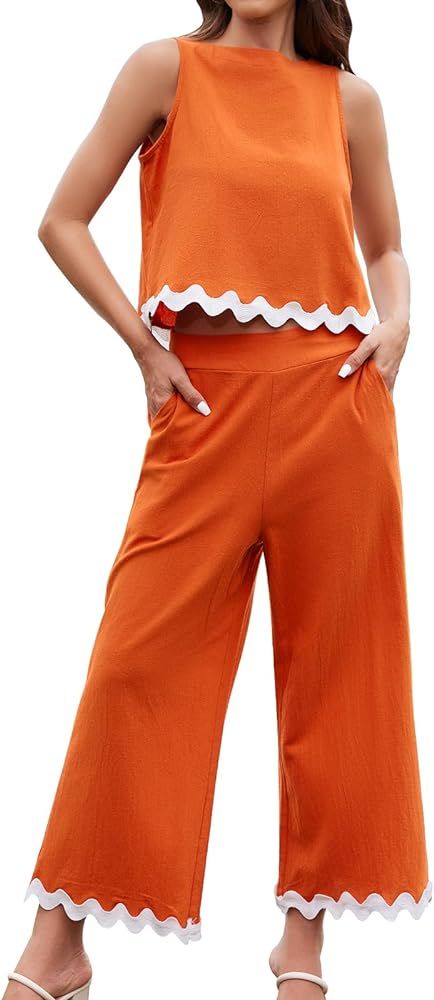 Moreone Women's Summer 2 Piece Outfits Sleeveless Crop Tank Top Button Back Capri Wide Leg Pants ... | Amazon (US)