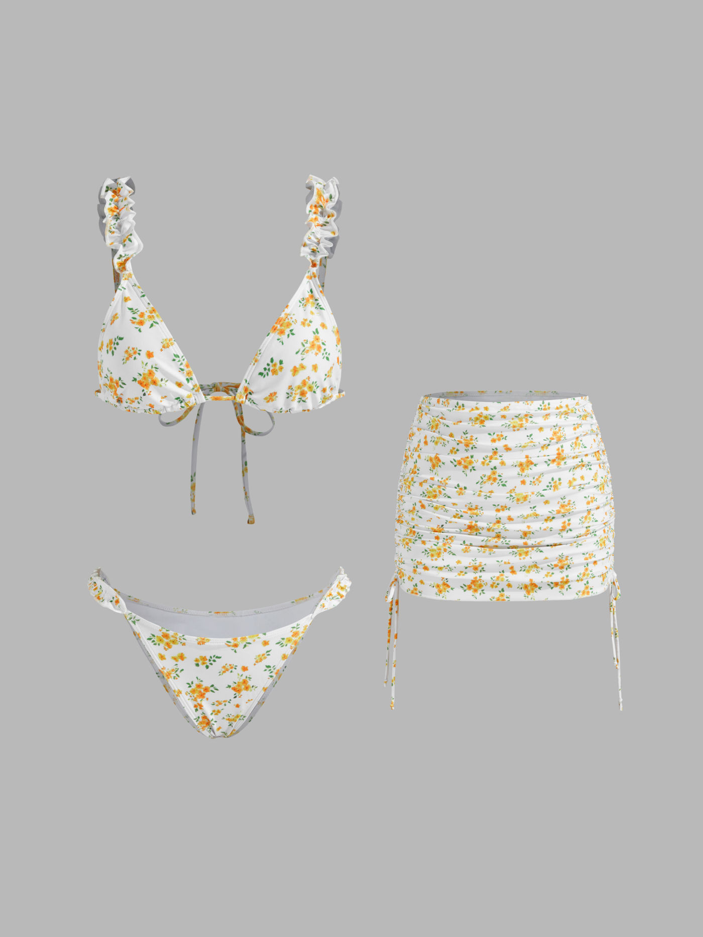 Knit Fabric V-neck Floral Triangle Lettuce Trim Bikini Set & Drawstring Cover Up Skirt  For Vacat... | Cider