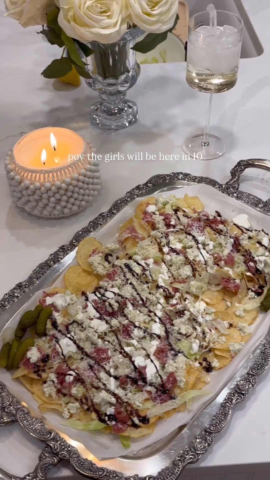 girls night calls for a chip plate 🤤🤍 this is soooo delicious! 

ingredients:
Potato chips
Shredded iceberg lettuce (I coated in red wine vinegar, lemon juice, dash of olive oil)
Boursin cheese
Prosciutto
Parmesan
Sour Cream (mixed with lemon juice)
Balsamic glaze




Foodie, hosting, girls night, appetizer, snack, kitchen, home, matching set, serve ware, tray, wine glasses, sidneymarieduke

#LTKfoodie #LTKHome