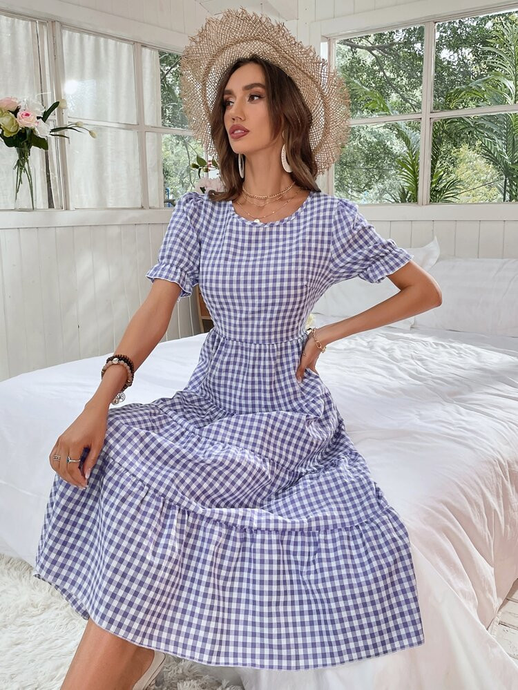 Gingham Puff Sleeve Ruffle Hem Smock Dress | SHEIN
