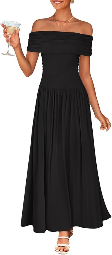 ZESICA Women's Off The Shoulder Maxi Dress 2025 Summer Sleeveless Casual Slim Swing Pleated Forma... | Amazon (US)