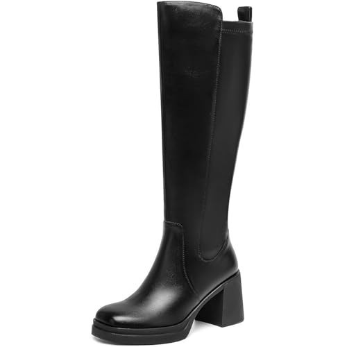 TEAIEUI Knee High Boots Black Platform Chunky Heel Square Toe Tall Boot for Women High Heeled Side Zipper Womens Knee High Black Boots Black 7.5 | Amazon (US)