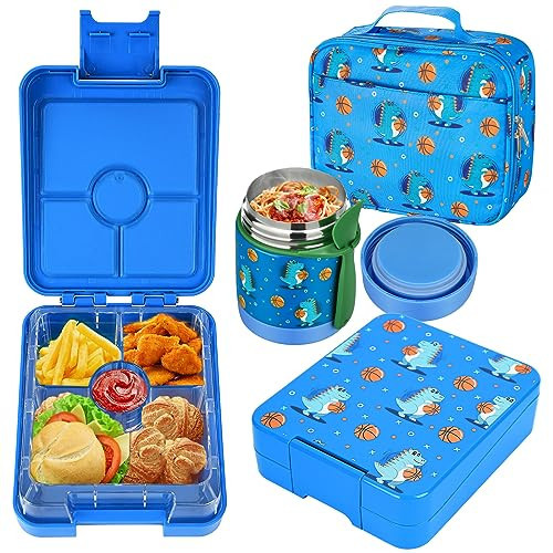 Bento Lunch Box Set for Kids with 10oz Soup Thermo, Leak-Proof Lunch Containers with 4 Compartment, Kids Thermo Hot Food Jar and Insulated Lunch Bag for Kids to School,BPA-Free(Basketball) | Amazon (US)