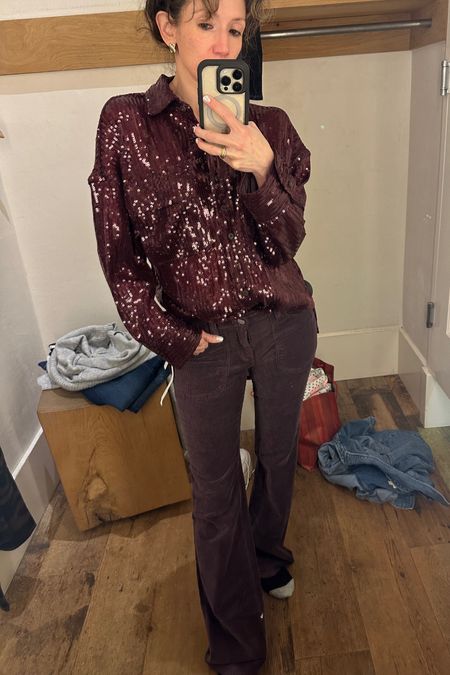 Glitter button down in burgundy with burgundy corduroy pants! Shirt is oversized and both on sale!

#LTKHoliday #LTKSeasonal #LTKsalealert