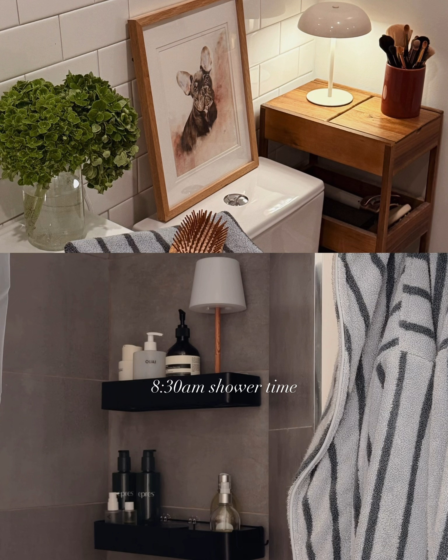 the best renter friendly bathroom shelves - do not fall down! And this waterproof lamp creates the best ambiance  

 