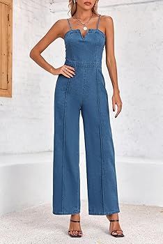 PLNOTME Womens Denim Jumpsuit Cute V Neck Spaghetti Straps Zip up Curvy Jeans Long Pants Rompers | Amazon (US)