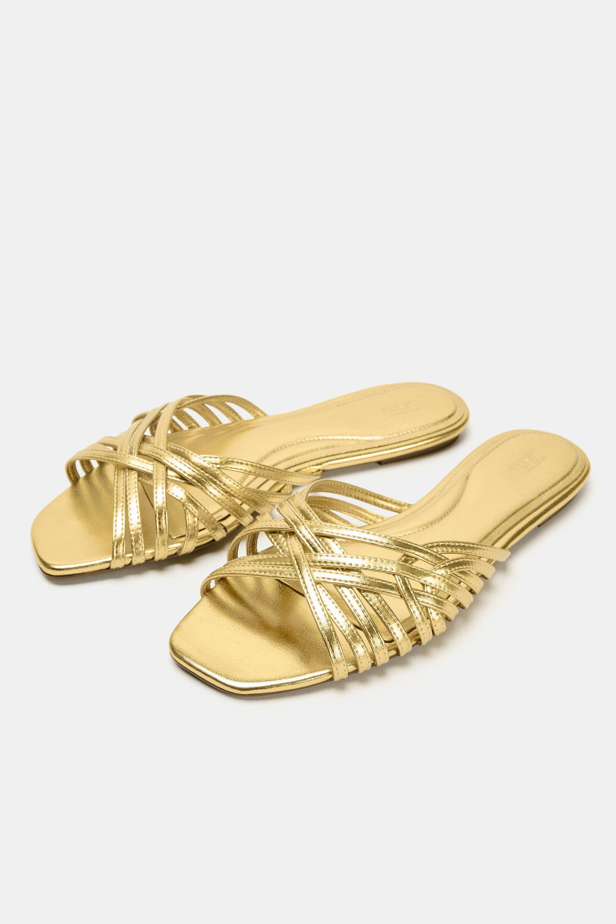 METALLIC STRAPPY FLAT SANDALS | Zara US