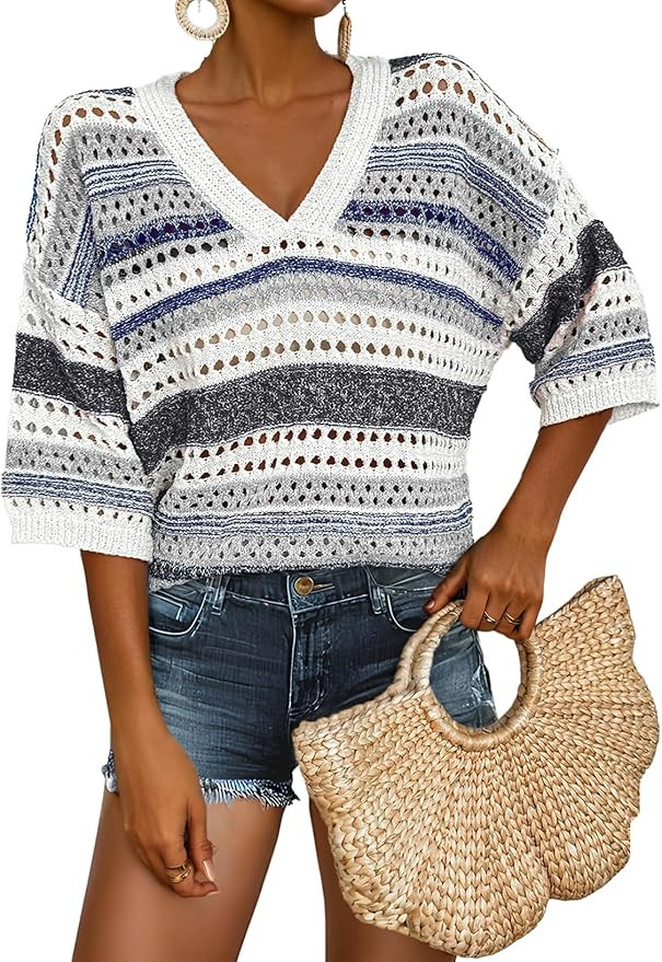 Acelitt Womens Short Sleeve Crochet Knit Sweater Hollow Out Striped Tops Beach Vacation Cruise Ou... | Amazon (US)