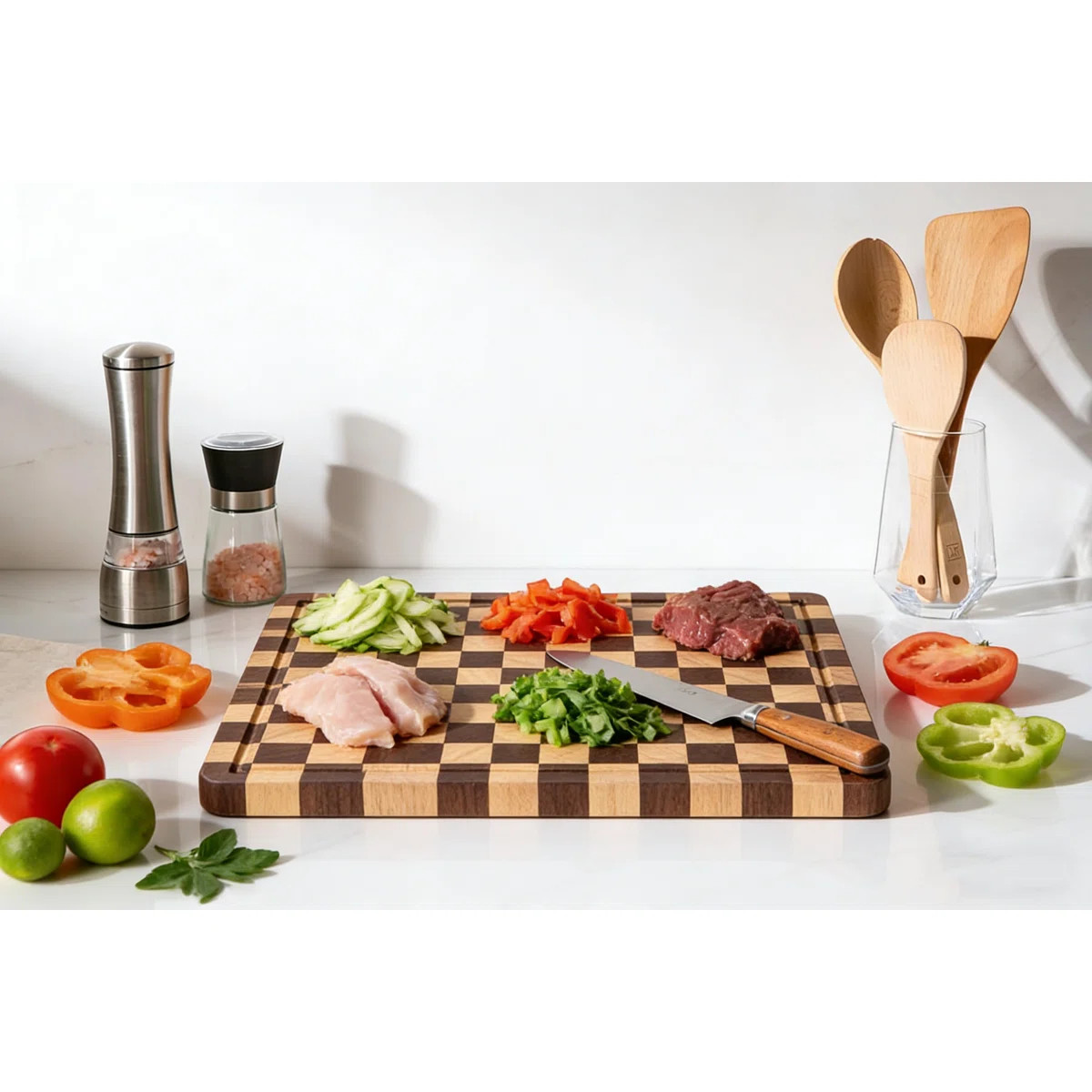 Checkered Cutting Board, Acacia Wood Chopping Board with Grooves and Handles, Butcher Block Servi... | Wayfair North America