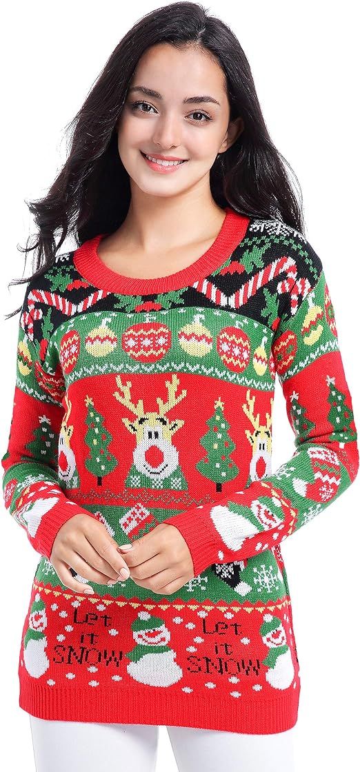 v28 Varied Ugly Christmas Sweater for Women Merry Reindeer Shirt Knit Sweaters | Amazon (US)