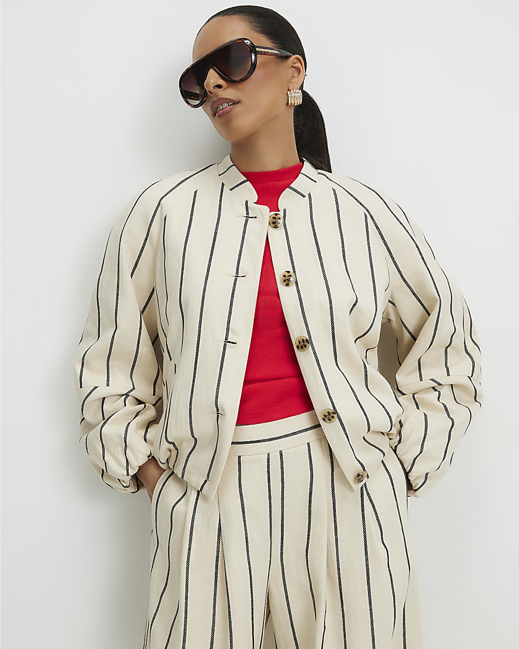 Petite Cream Stripe Bomber Jacket | River Island UK & IE