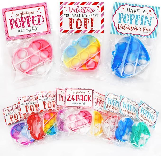 Valentines Day Cards for Kids - Set of 24 Mini Pop Heart Fidget Toys Bulk - Valentine Exchange Ca... | Amazon (US)