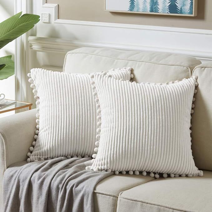 Fancy Homi 2 packs Cream White Boho Decorative Throw Pillow Covers with Pom-poms, Soft Corduroy S... | Amazon (US)