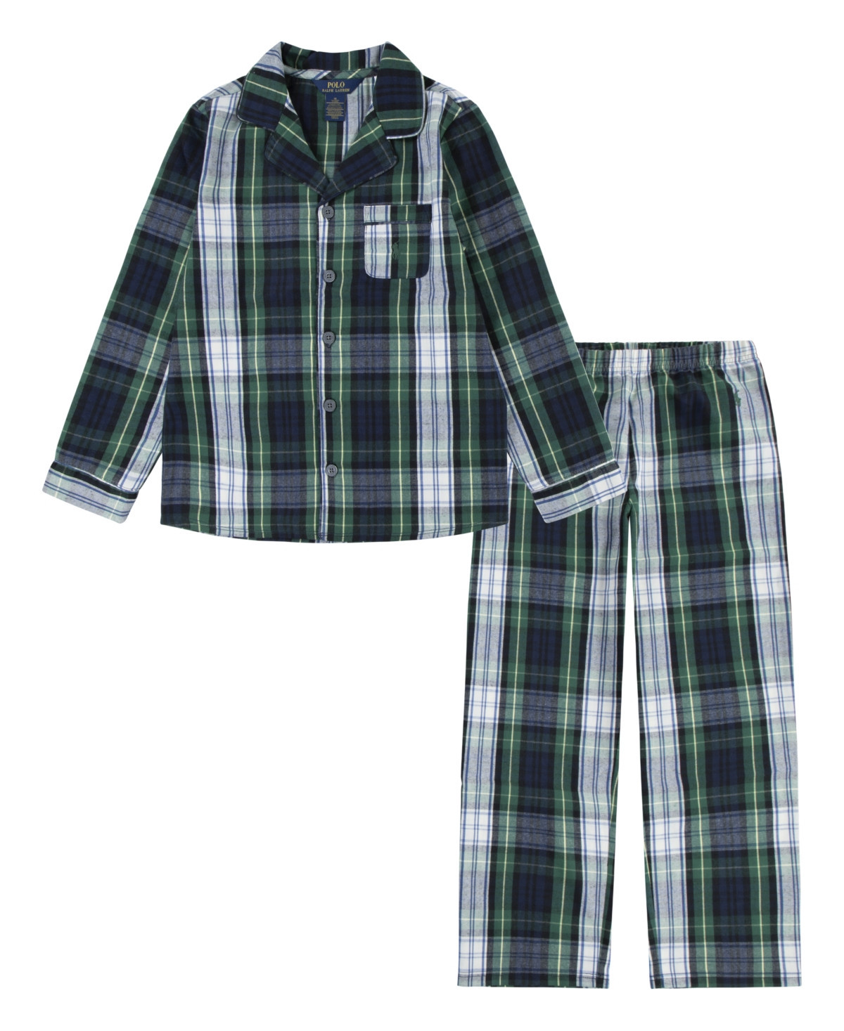 Polo Ralph Lauren Boys 8-20 Woven Long Sleeve and Pant Pajamas, 2-Piece Set - White Gordon Plaid/Green | Macy's