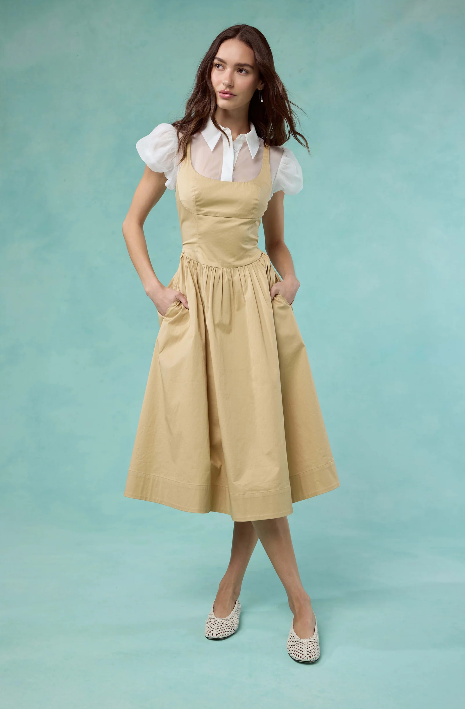 Carrington Mixed Media Layered Midi Dress - Khaki white / XS | ASTR The Label (US)