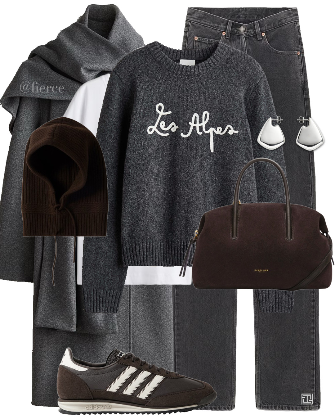 grey ski jumper grey wool scarf coat grey jeans brown suede bag brown adidas sl72 brown balaclava hood casual comfy outfit 

 #LTKuk #LTKwinter #LTKeurope