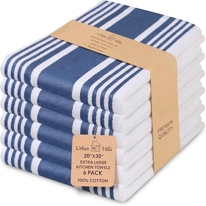 Urban Villa Kitchen Towels Blue White Striped 100% Cotton Set of 6, 20x30 Inch Oversized Dish Clo... | Amazon (US)