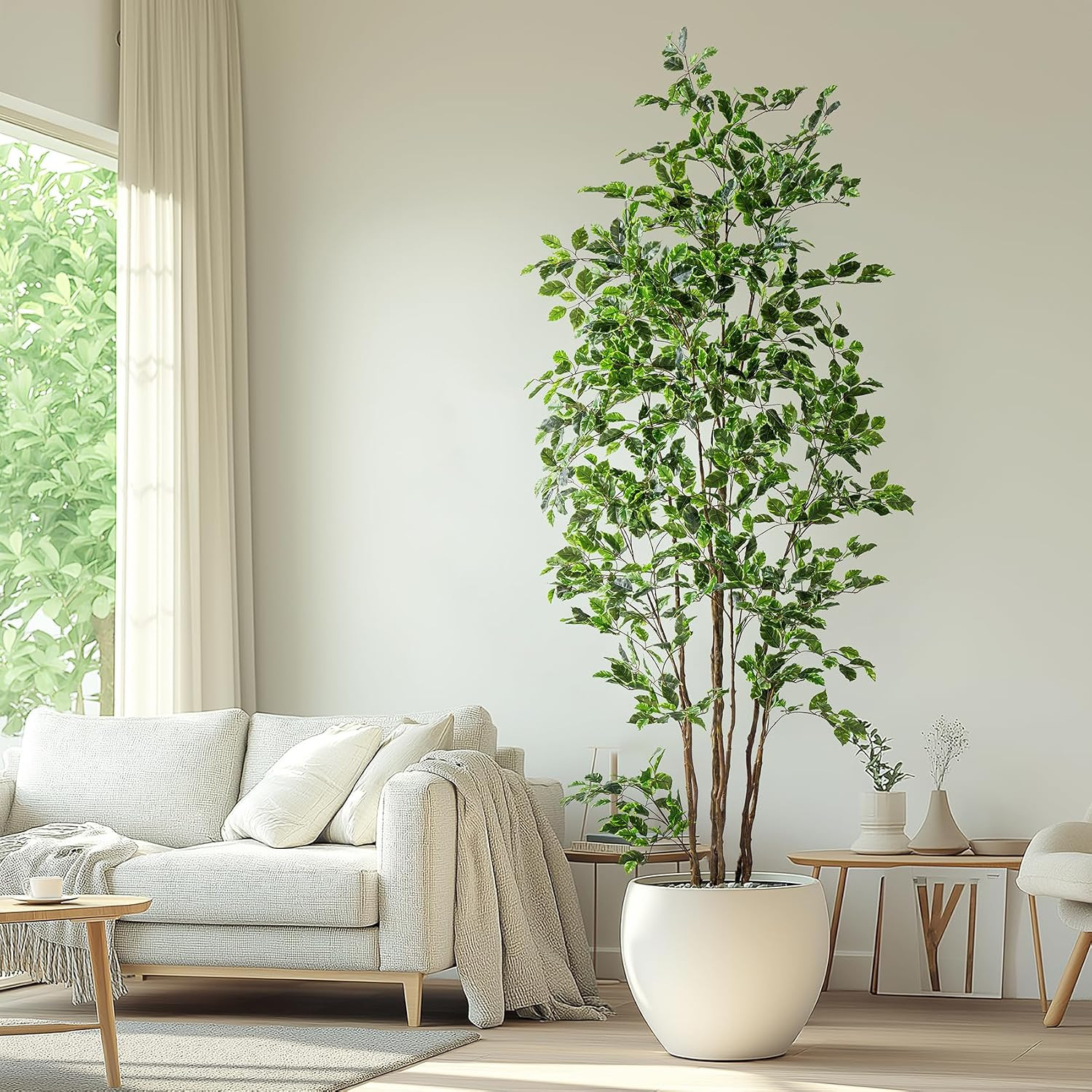 Artificial Ficus Tree Indoor 8ft, Large Potted Faux Tree with Realistic Silk Leaves & Trunk for H... | Amazon (US)