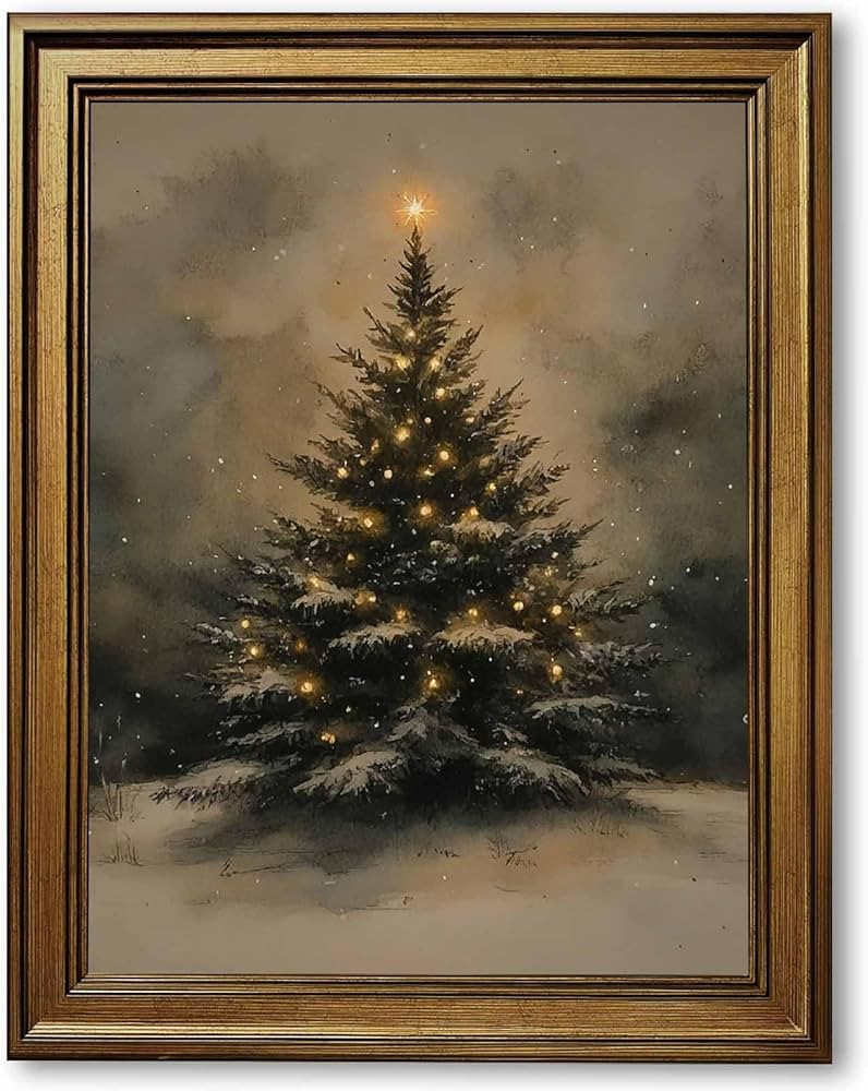Vintage Gold Framed Christmas Tree Wall Art Elegant Snowy Tree Canvas Poster Print Retro Classic ... | Amazon (US)