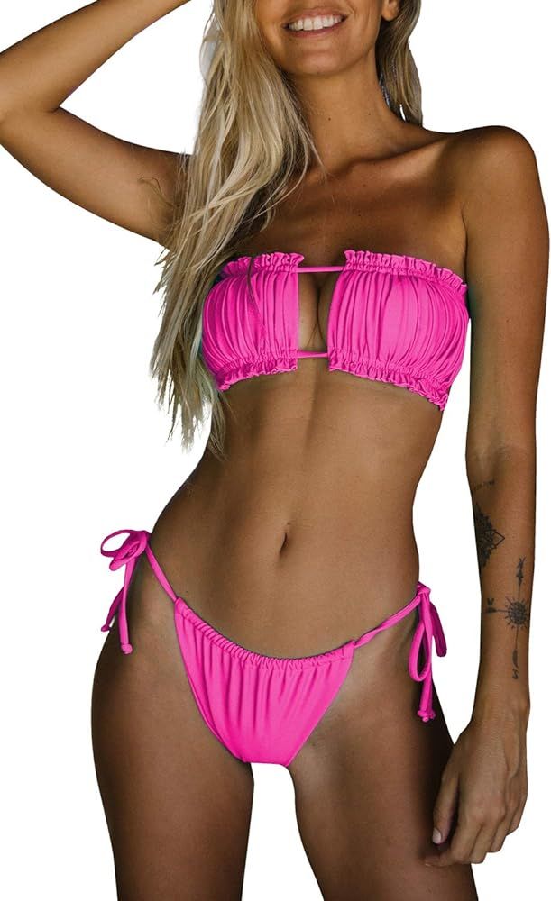 Byoauo Women Bandeau Bikini Top with Tie Side Thong Bottom Bathing Suit | Amazon (US)