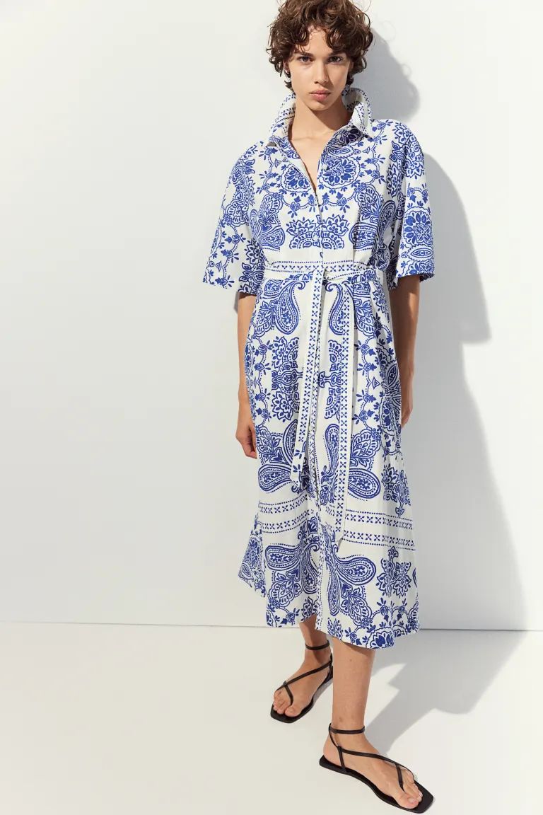 Linen-blend Shirt Dress - Short sleeve - Midi - White/paisley-patterned - Ladies | H&M US | H&M (US + CA)