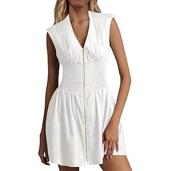 Fisoew Women's Sleeveless Tank Mini Dress Casual Zip Front V Neck Loose Summer Smocked Dresses wi... | Amazon (US)