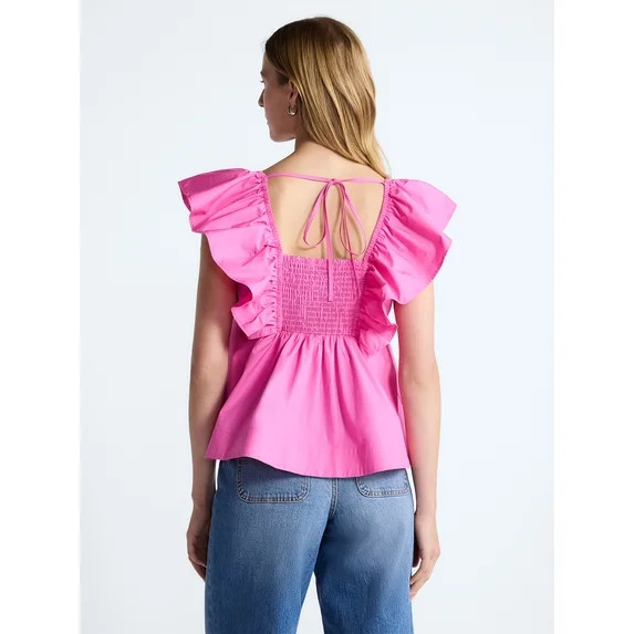 Free Assembly Women's Square Neck Cotton Top with Flutter Sleeves, Sizes XS-XXL | Walmart (US)