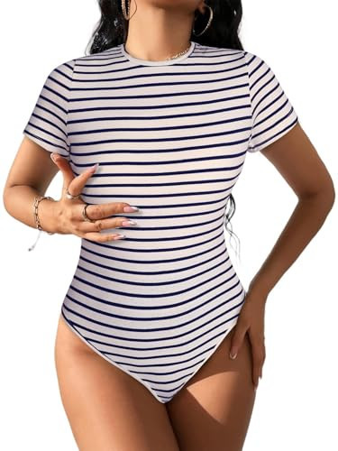 LilyCoco Womens Striped Bodysuit Short Sleeve Crewneck Body Suit Navy and White Large | Amazon (US)
